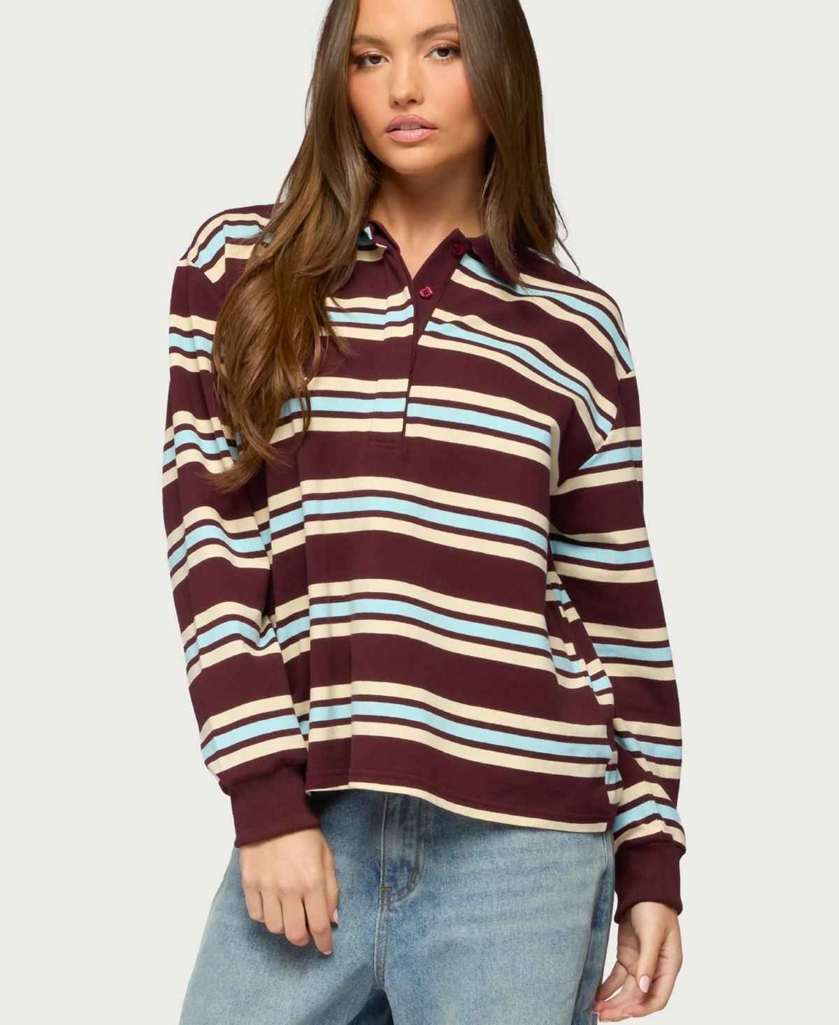 Edikted Women's Renya Striped Rugby Shirt - Burgundy | Macy's