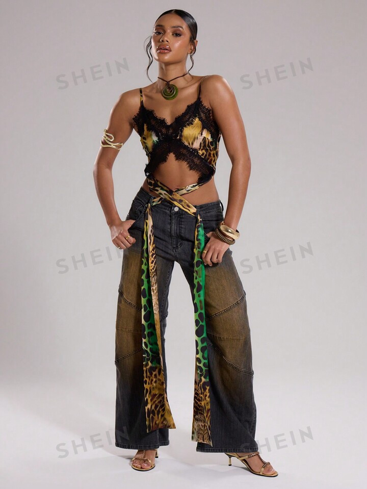 MUSERA Satin Leopard Print Lace Trim Cami Bralet Top | SHEIN USA | SHEIN