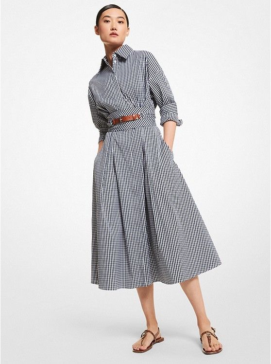 Gingham Stretch Cotton Poplin Shirtdress | Michael Kors US