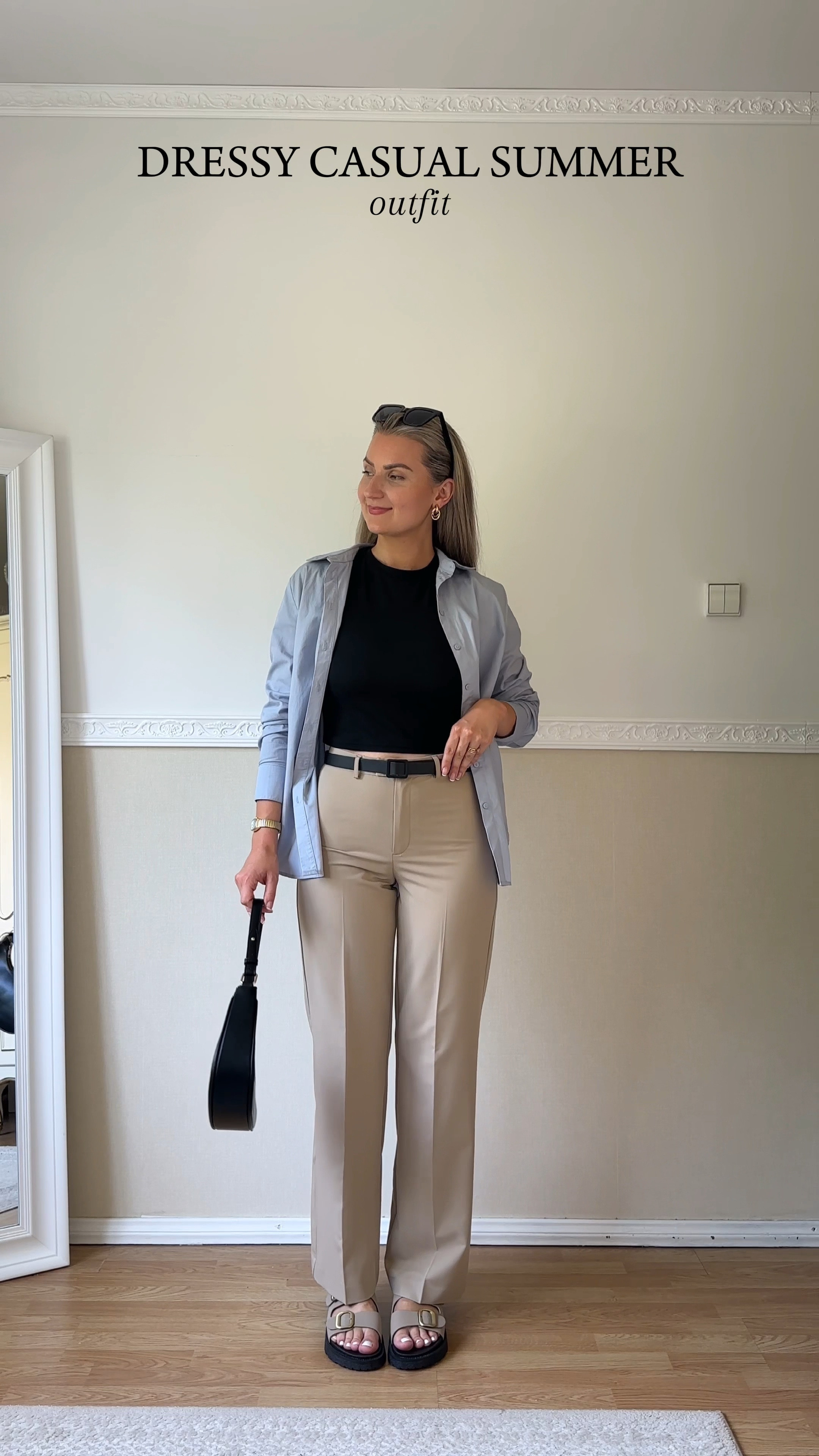 Comfy looks are my fave✌️🤍 

Going for a dressy casual summer look with flatbed sandals, an oversized blue shirt, brown tailored trousers and a black mini shoulder bag 🥰

	•	Flatbed sandals add a comfortable, laid-back vibe.
	•	Oversized blue shirt offers a relaxed yet stylish touch.
	•	Brown tailored trousers provide a structured, sophisticated element 

#LTKFindsUnder50 #LTKStyleTip #LTKFindsUnder100