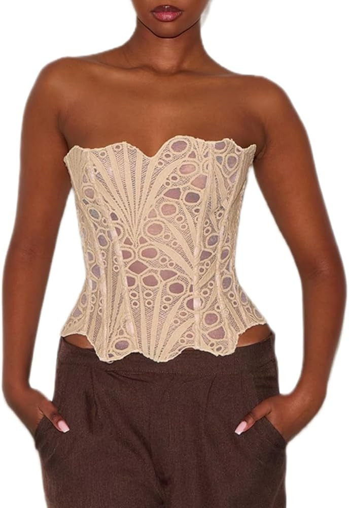 Women Lace Bustier Corset Tops Y2K Boned Mesh Strapless Tube Top Floral Overbust Crop Top Party C... | Amazon (US)