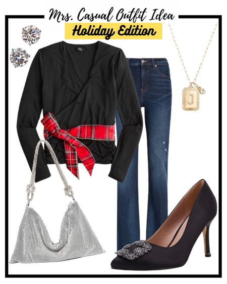 Jcrew tie waist holiday top and flare Jeans outfit ❤️ 

#LTKunder100 #LTKHoliday #LTKunder50