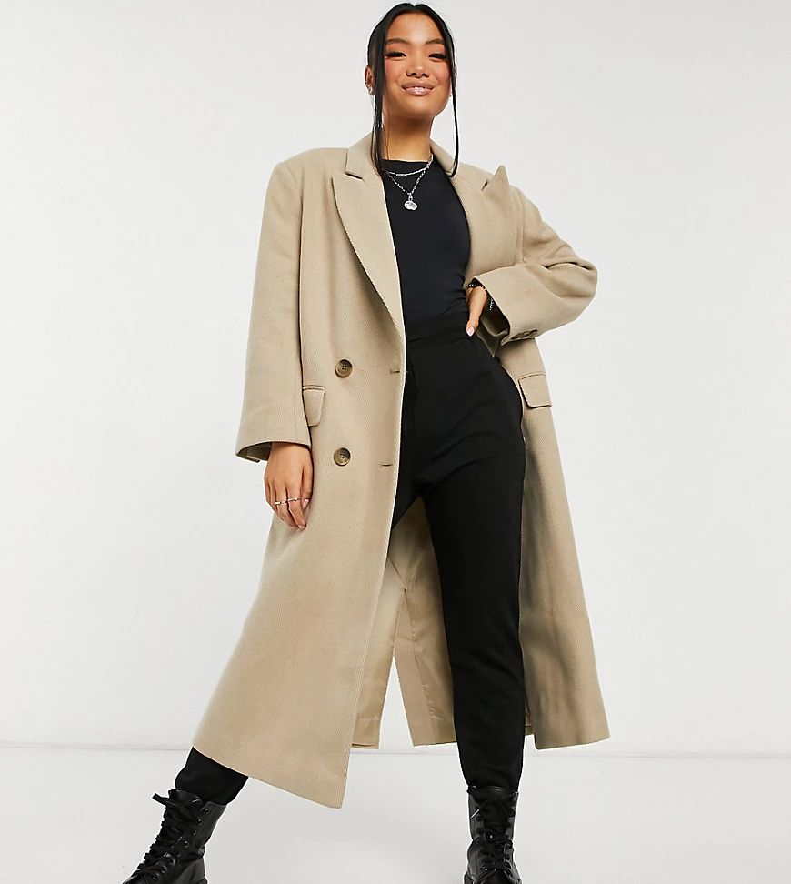 ASOS DESIGN Petite longline twill overcoat in camel-Black | ASOS (Global)