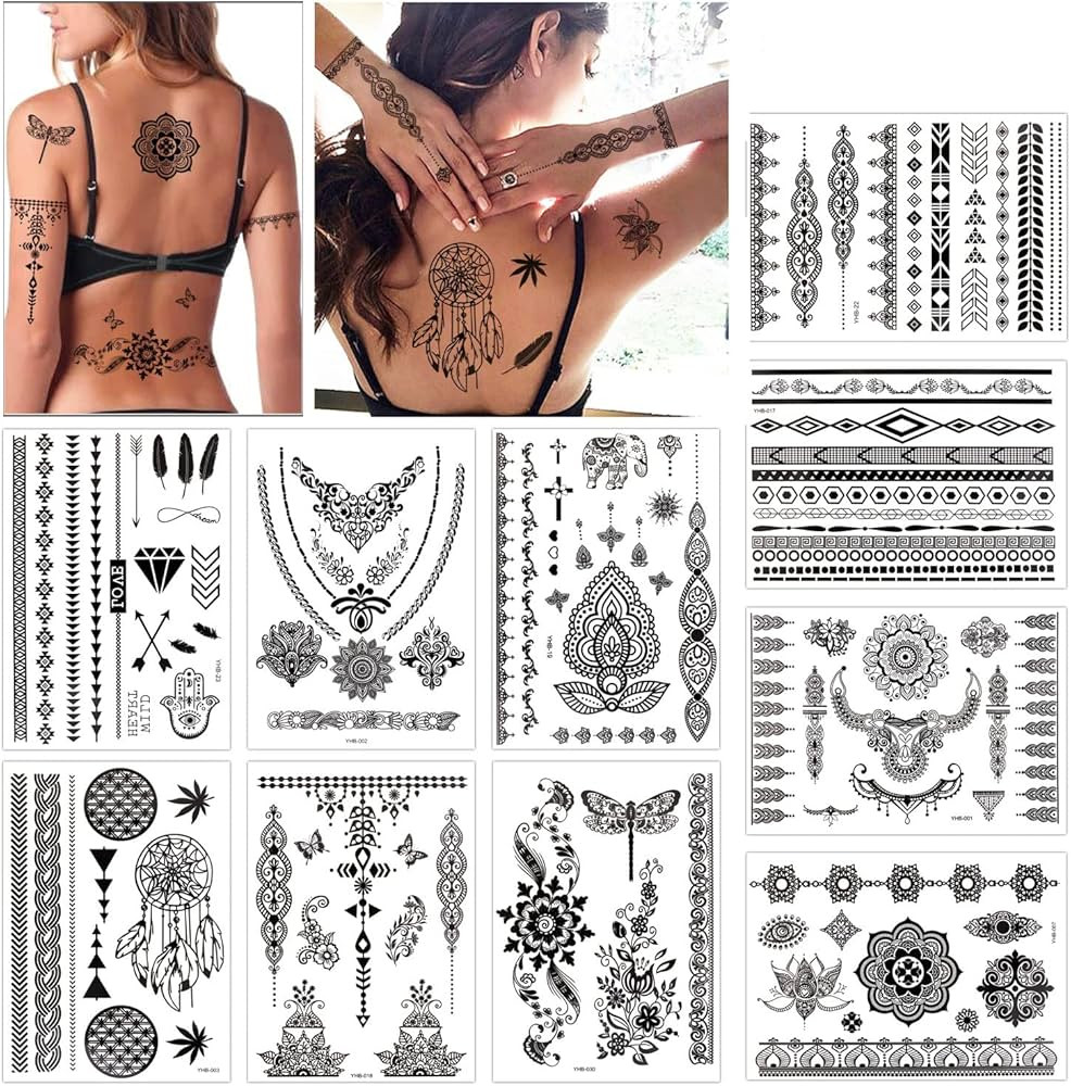 Konsait 10 Sheets Henna Temporary Tattoo Black Art Stickers Lace Mehndi Body Transfers Tattoo for... | Amazon (US)