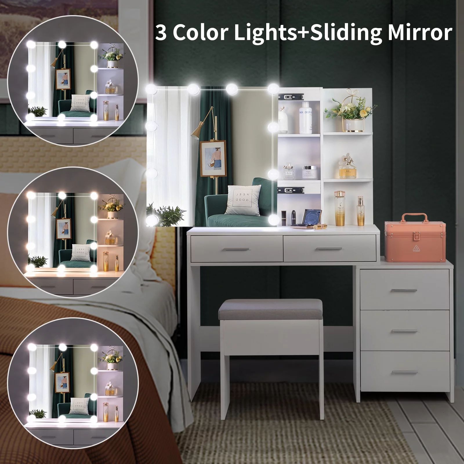 Ktaxon Lighted Makeup Vanity Table Set, Dressing Table with Sliding Mirror, Vanity Desk , White | Walmart (US)