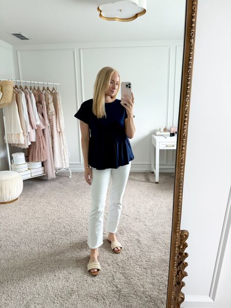 Casual daytime or work outfit! Wearing size small in the peplum top and size 28 in the white jeans! Summer outfits // casual outfits // comfortable outfits // workwear // work outfits // daytime outfits // Walmart tops // Nordstrom white jeans // Walmart finds // Walmart fashion 

#LTKStyleTip #LTKFindsUnder50 #LTKSeasonal