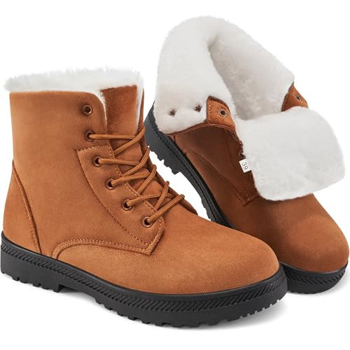 Winter Snow Boots for Women Comfortable Outdoor Anti-Slip Ankle Boots Suede Cotton Warm Fur Lined Booties Lace Up Flat Platform Shoes Khaki, 14 | Amazon (US)