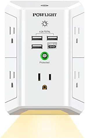Outlet Extender with Night Light, USB Wall Charger, POWLIGHT 5-Outlet Surge Protector Power Strip... | Amazon (US)