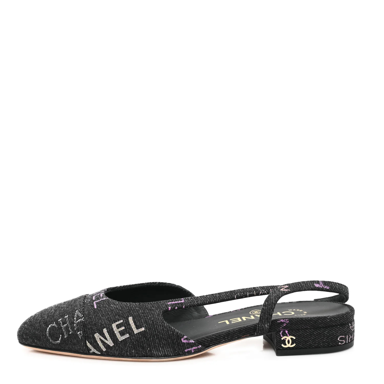 Denim Cap Toe Denim Mood Slingback Flats 36 Black Multicolor | FASHIONPHILE (US)