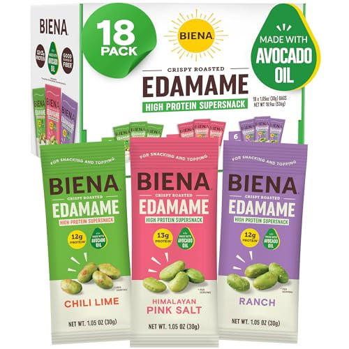 Biena Crispy Roasted Edamame Beans Snack – High Protein Low Carb Snack for Adults & Kids, 12g-13g Protein per Serving - Made w/Avocado Oil – Vegan, Gluten-Free – 18-Pack 1.05oz Variety Pack | Amazon (US)