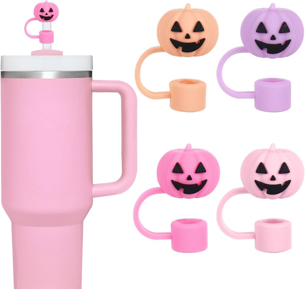 Whaline 4 Pcs Halloween Straw Cover Cap Purple Orange Pink Pumpkin Reusable Silicone Straws Toppe... | Amazon (US)