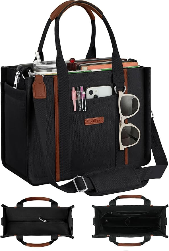FIORETTO Women’s Canvas Tote Bag Purse with Zipper, Multi Compartment & Reinforced Bottom, Idea... | Amazon (US)