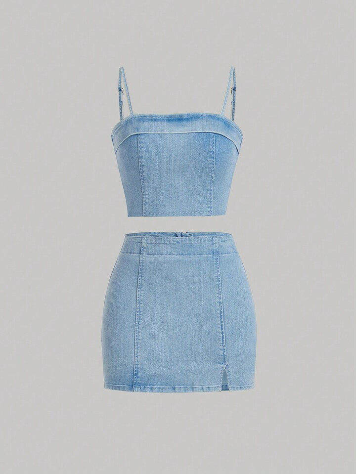 SHEIN 2pcs/Set Teen Girl Casual High Waist Slim Fit Denim Tank Top And Bodycon Skirt Outfit | SHEIN