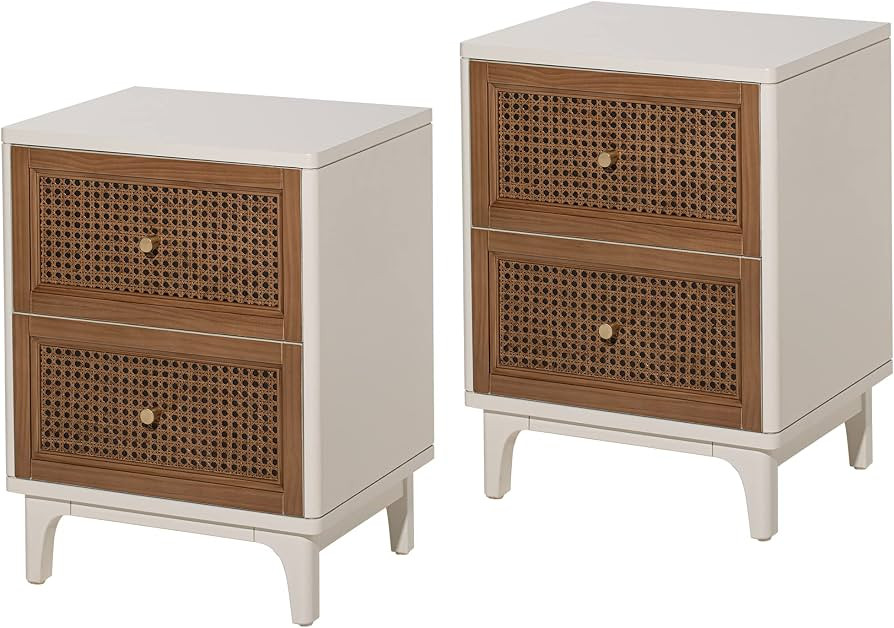 COZAYH Set of 2 Fully-Assembled 2-Drawer Woven Cane Front Accent Nightstand with Brass Knobs, Dis... | Amazon (US)