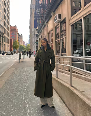 Bershka Oversize wool blend coat with belt in khaki | ASOS | ASOS (Global)