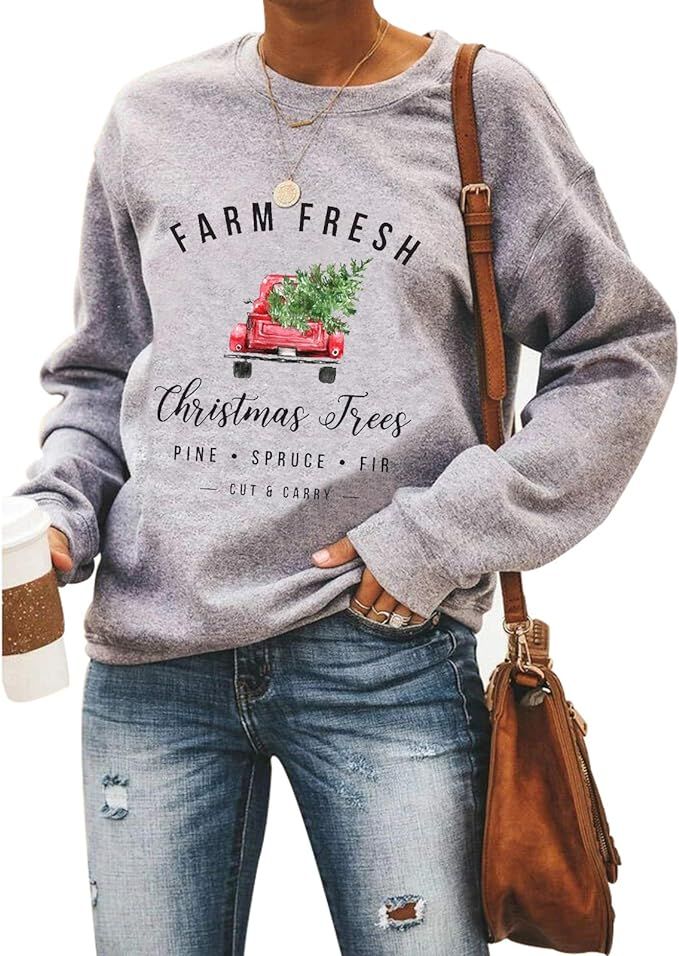 Women Farm Fresh Christmas Plaid Trees Sweatshirt Xmas Tree Graphic Funny Holiday Pullover Top | Amazon (US)