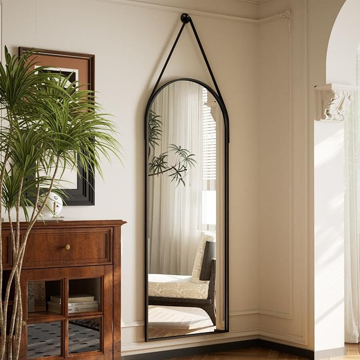 16''x48'' Arched Full Length Mirror, Hanging Mirror for Wall with Leather Strap, High-Definition ... | Amazon (US)