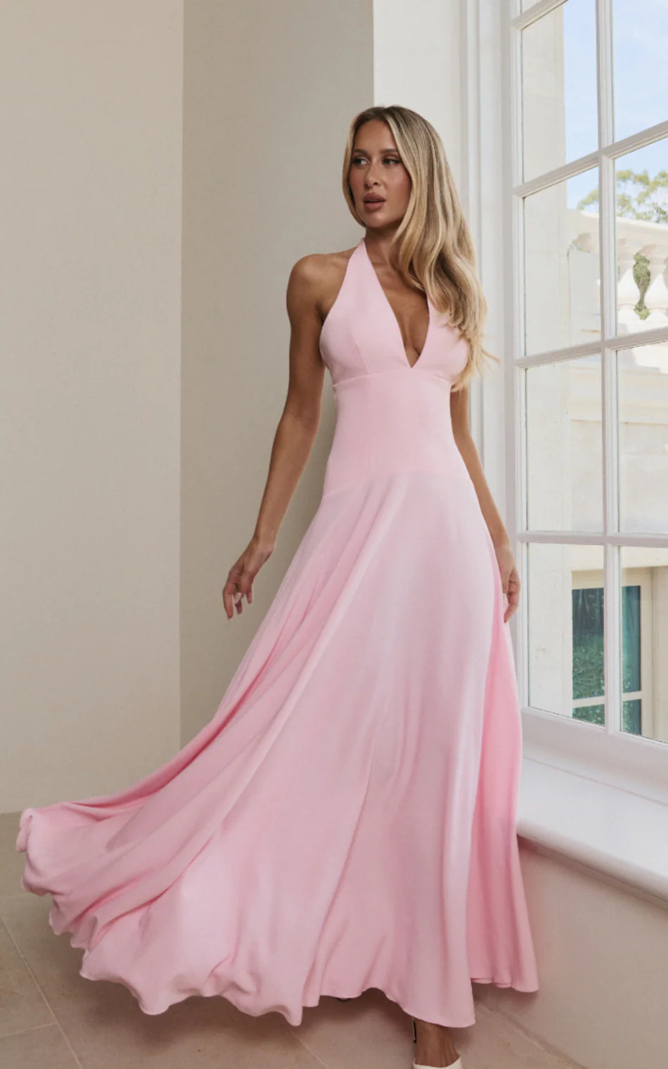 Contrast Skirt Deep Plunge Halter Dress in Soft Pink | Showpo (US, UK & Europe)