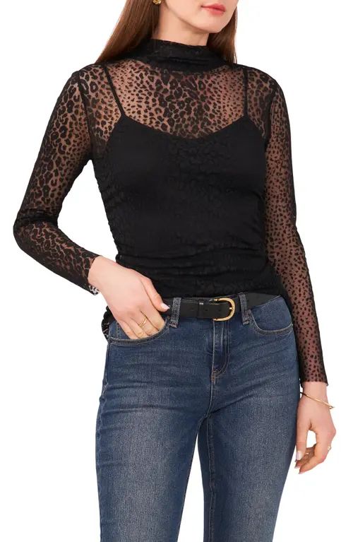 Vince Camuto Leopard Print Long Sleeve Mesh Top in Rich Black at Nordstrom, Size Small | Nordstrom