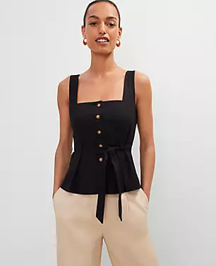 Linen Blend Button Tie Waist Top | Ann Taylor