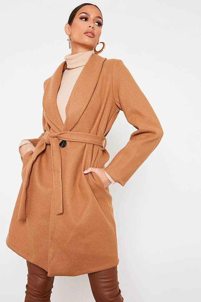 Camel Belted Wool Coat With Tie Waist | ISAWITFIRST