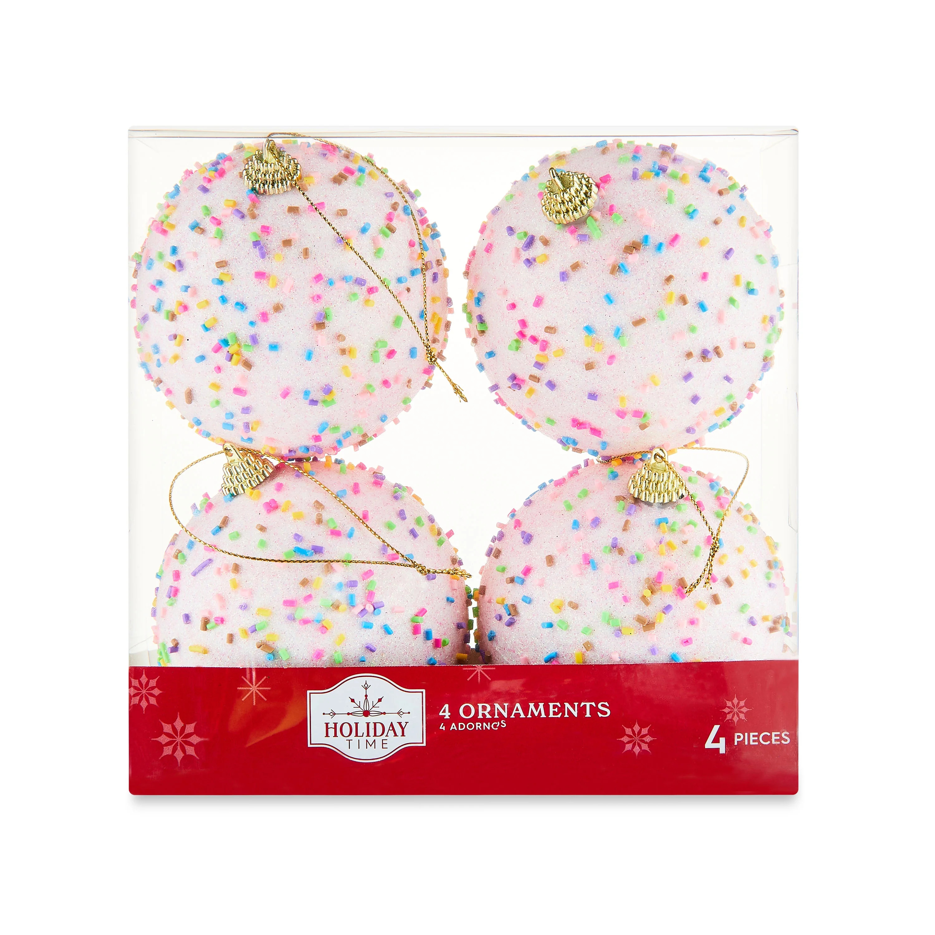 Holiday Time Pink Cake with Candy Sprinkles Christmas Ball Ornament Set, 3.5", 4 Cnt, 6 oz - Walm... | Walmart (US)