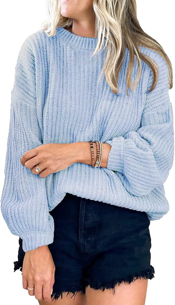 PRETTYGARDEN Women's Crew Neck Loose Drop Shoulder Lantern Sleeve Casual Solid Color Knit Pullover S | Amazon (US)