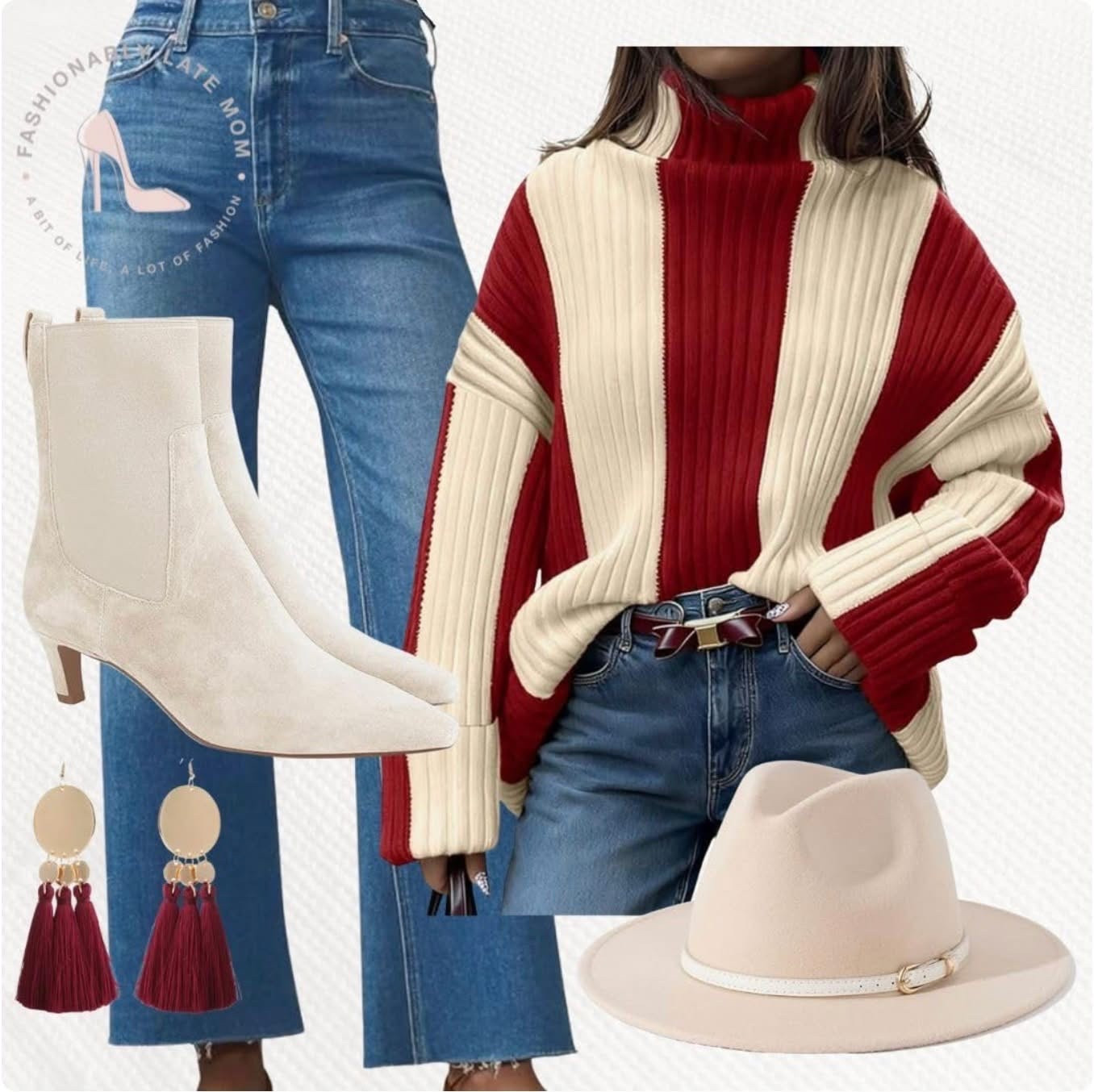 Fall outfit ideas. 

Fashionablylatemom. 
Womens sweater. 
Turtleneck sweater. 
Color stripes. 
Red and off white stripes. 
Womens hat. 
Classic fedora. 
Wide brim hat. 
Felt fedora. 
Ankle boots. 
Low kitten heel. 
White booties. 
Coutgo boots. 
Pointed toe boots. 
Womens denim. 
Womens blue jeans. 
Wide leg jeans. 
Baggy high waisted jeans. 
Tassle earrings. 
Gold jewelry. 
Trending outfits. 
Fall outfit ideas. 

#LTKShoeCrush #LTKStyleTip #LTKSeasonal