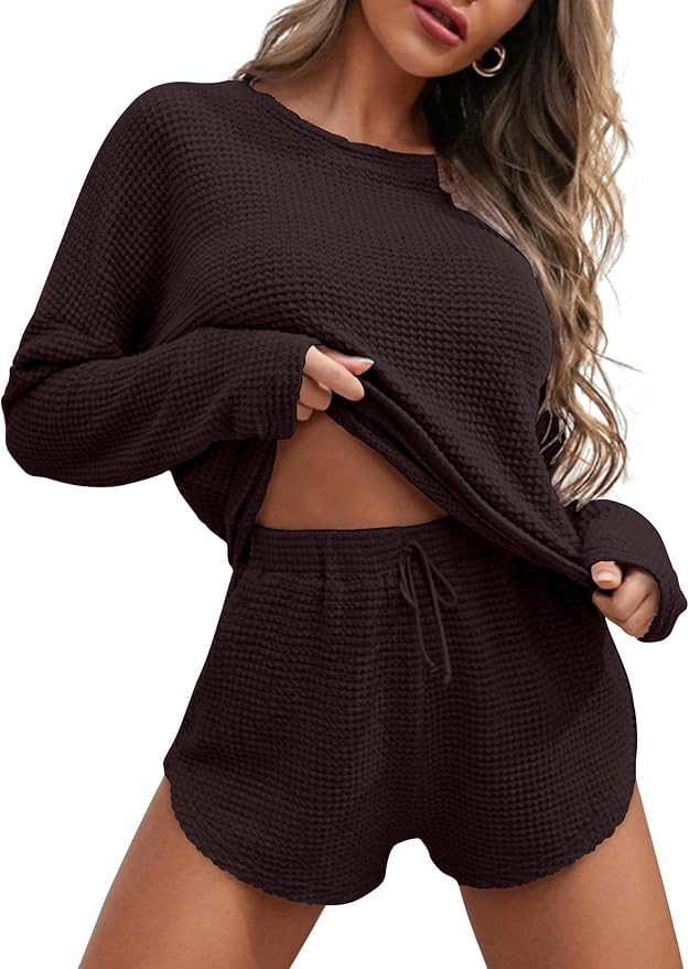 Ekouaer Womens Waffle Knit Pajama Sets Long Sleeve Top and Shorts Matching Lounge Set Loungewear ... | Amazon (US)