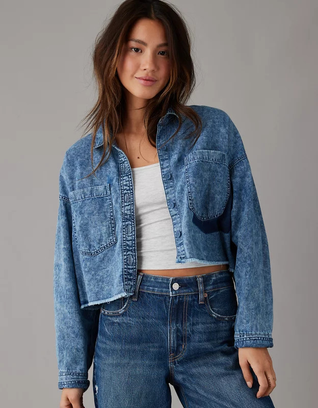 AE Cropped Denim Button-Up Shirt | American Eagle Outfitters (US & CA)