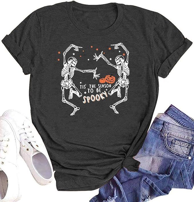 Halloween Skeleton Shirts Women Dance Skeleton Graphic Tees Short Sleeve Fall Pumpkin T-Shirt Top... | Amazon (US)