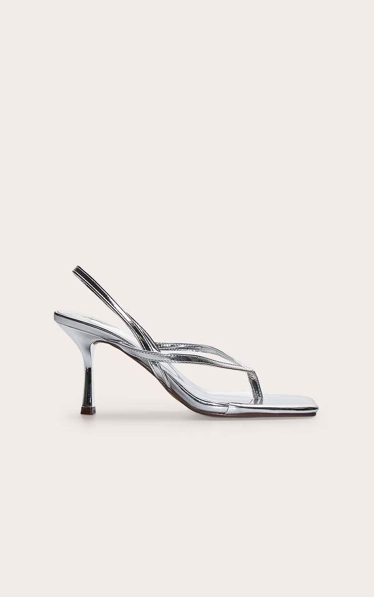 Silver Thong Sling Back Mid Heeled Sandals | Footwear | PrettyLittleThing UK