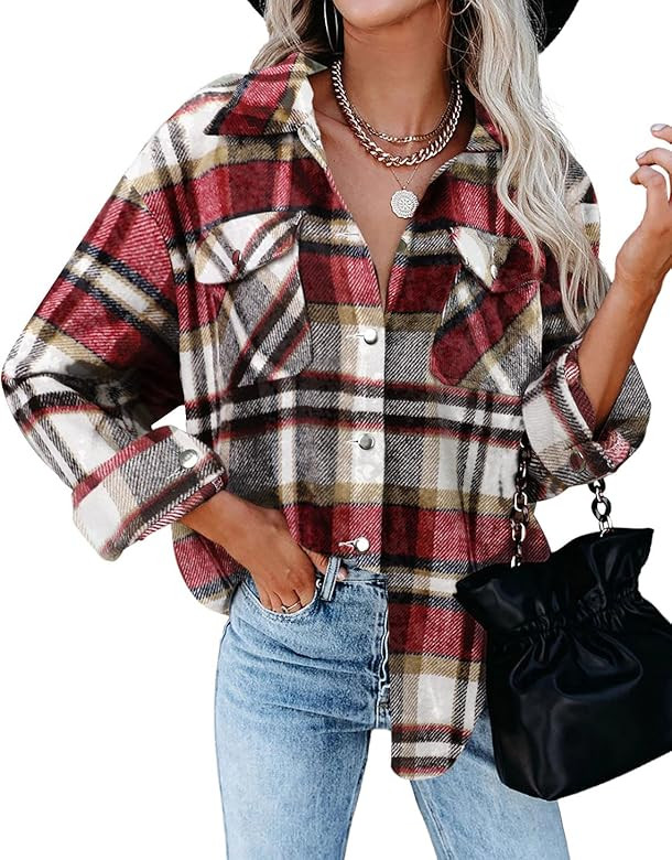 BTFBM Women Long Sleeve Shirts Button Down Plaid Loose Casual Flannel Fall Blouse Shirt Jacket Sh... | Amazon (US)