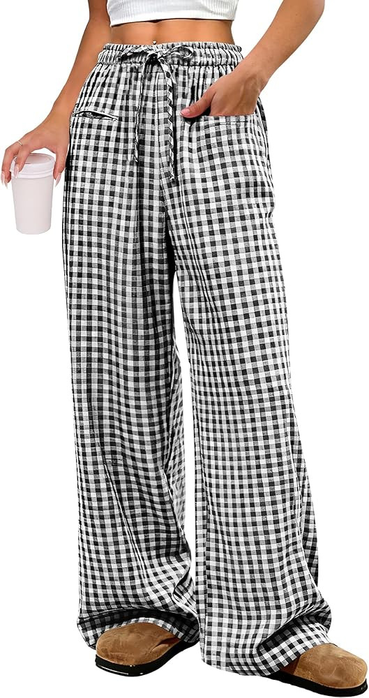 ANRABESS Womens Striped Gingham Pants 2026 Pajama Drawstring Wide Leg Lounge Plaid Pants Cute Cas... | Amazon (US)