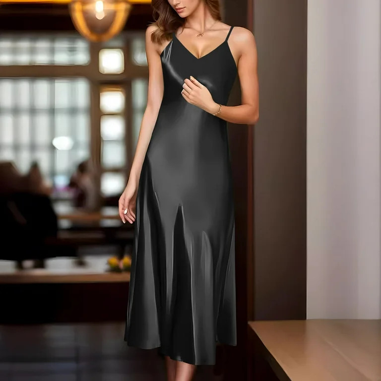 Munlar Womens Slip Dress Black Sleeveless Long Plus Size Bodycon A-Line Solid Camisole Dress for ... | Walmart (US)