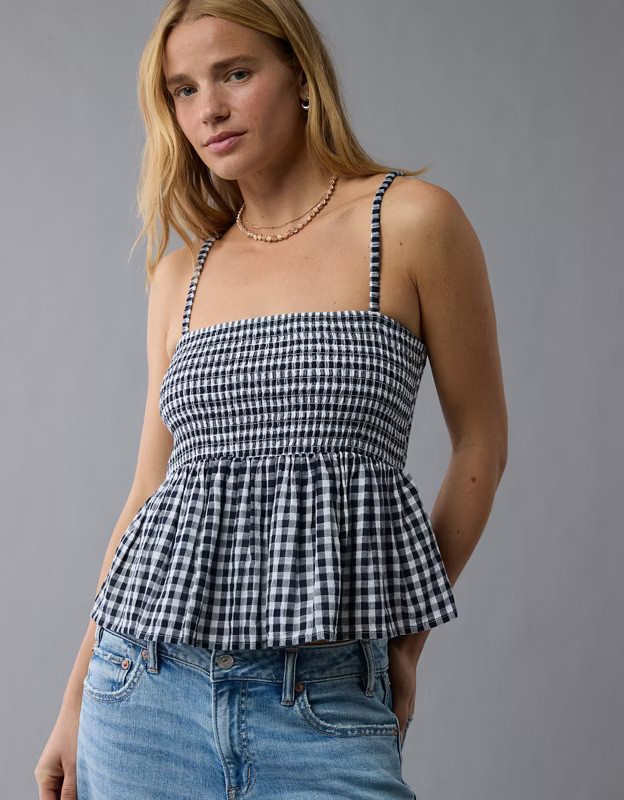 AE Smocked Gingham Babydoll Cami | American Eagle Outfitters (US & CA)