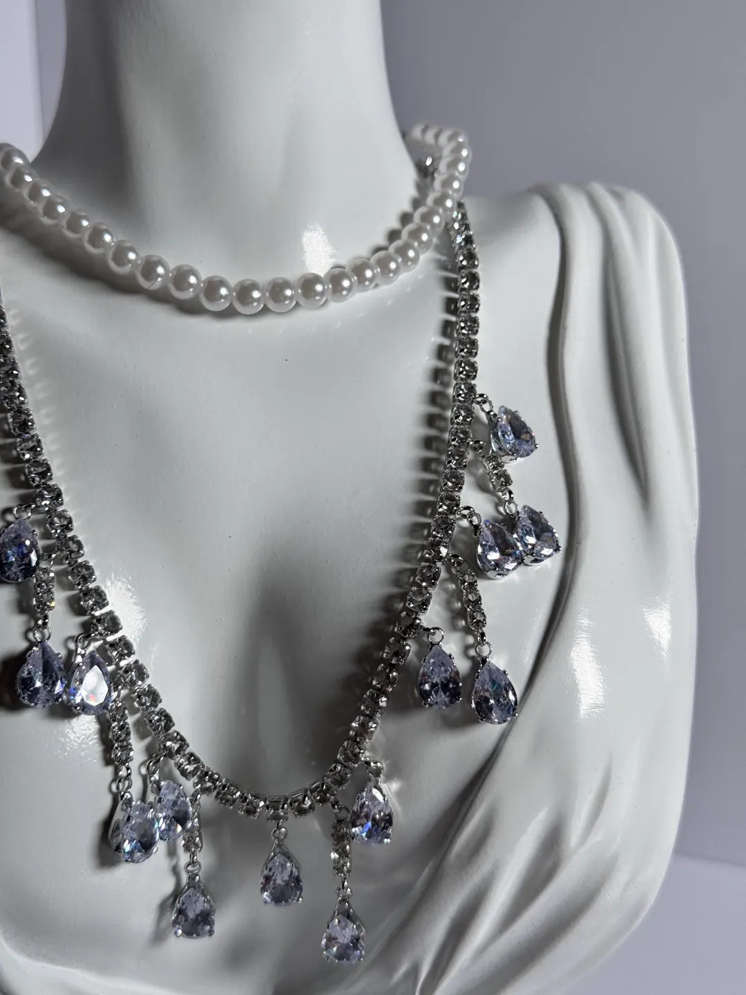 Elegant pearl and crystal drop necklace, layered evening jewelry with teardrop rhinestones, brida... | Etsy (US)