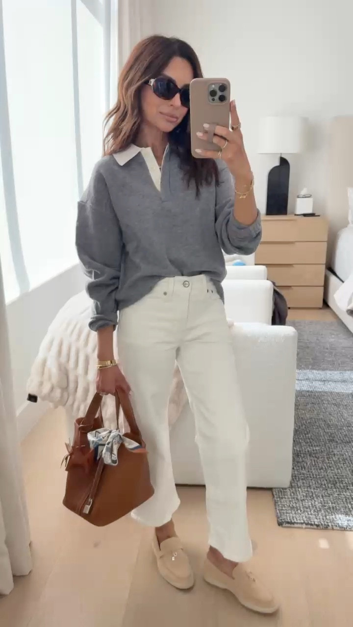 Chic spring outfit idea 🩶 I love the two tones of this polo sweater. Paired with these white jeans that are on sale for 15% off during their denim sale!

#LTKstyletip #LTKsalealert

#LTKSeasonal