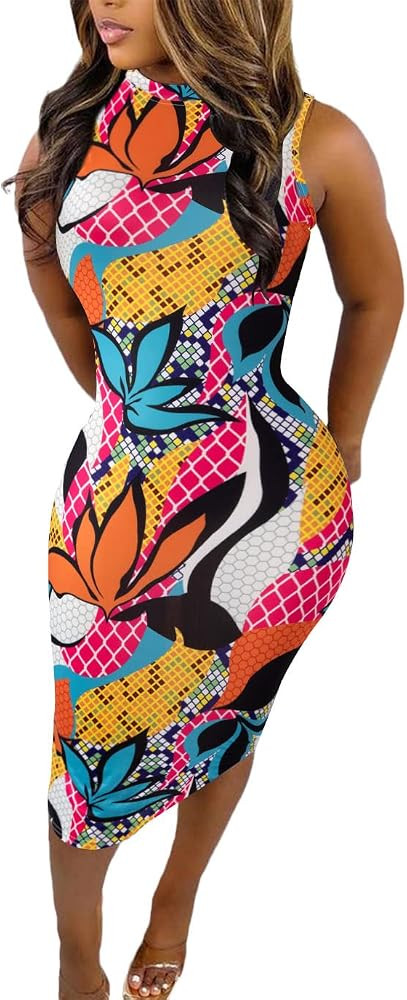 ECHOINE Women Sexy Floral Print V Neck Long Sleeve Zipper Stretchy Pencil Midi Bodycon Dress Party w | Amazon (US)