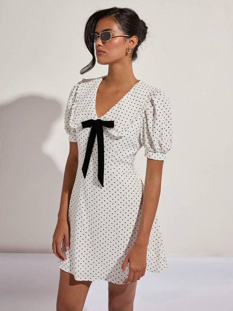 COSMINA Women's Elegant Polka Dot Print Mini Dress With Bow Decor, Summer | SHEIN