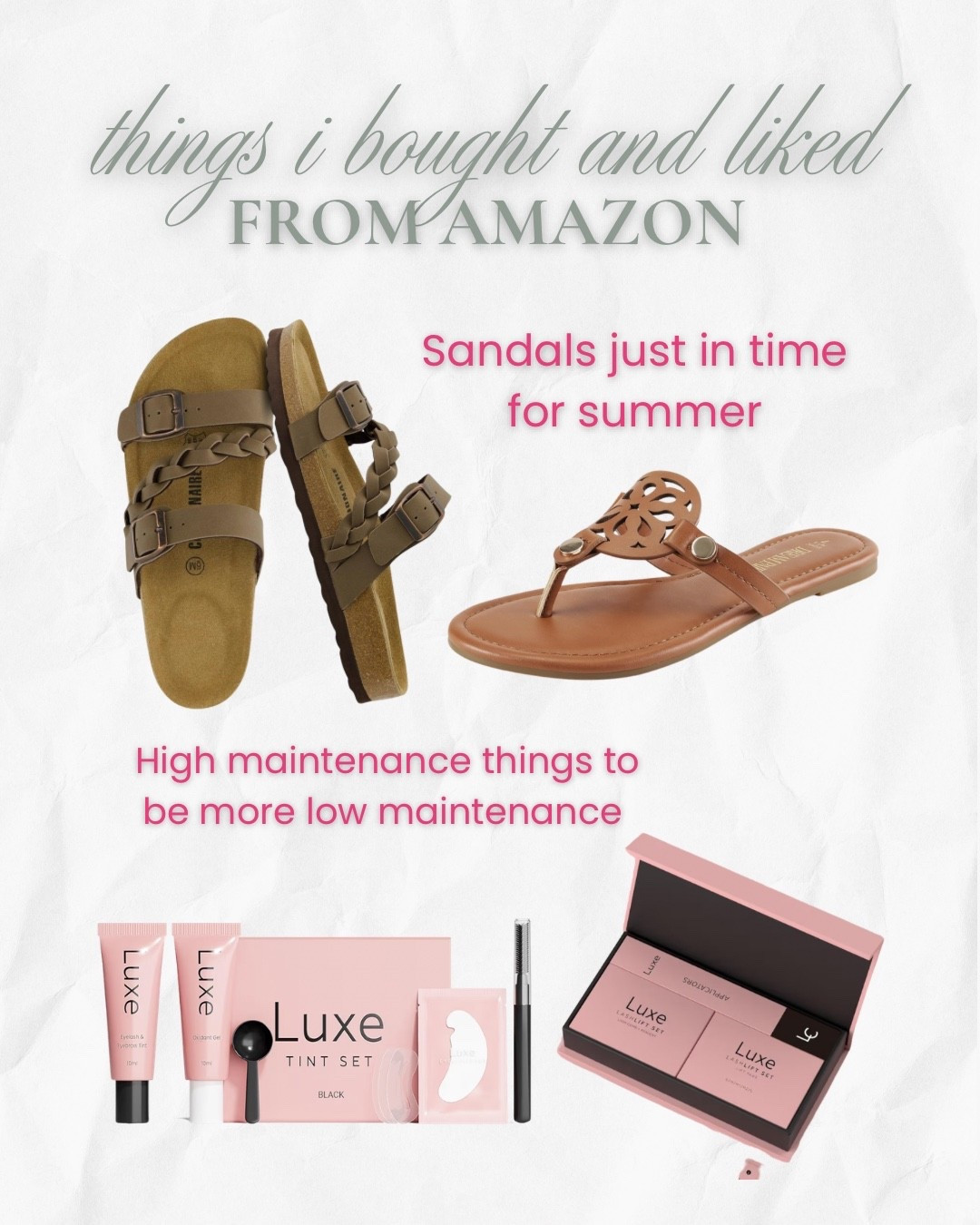 A few low-maintenance upgrades lately 🤍

Comfy sandals I can chase a toddler in ✔️
Easy beauty routine that makes me feel put together in 5 minutes ✔️

Little things… big difference

Everything linked!

#sandals #summer #lashlift #lashtint

#LTKselfcare #LTKmomlife