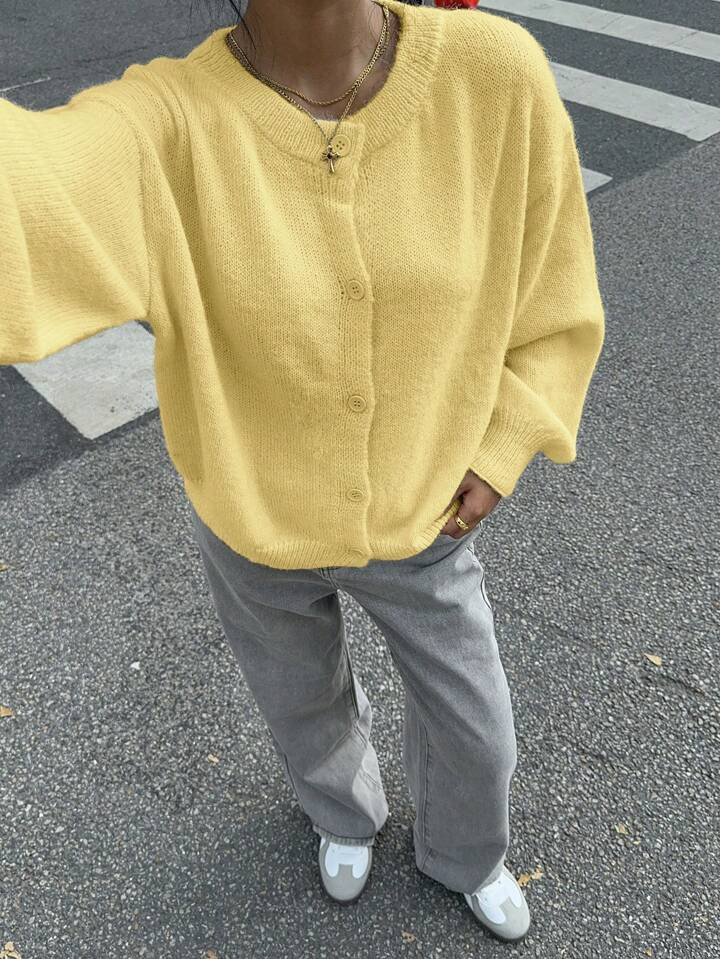 SHEIN Frenchy Women's Solid Color Front Button Long Sleeve Casual Loose Knit Cardigan,Long Sleeve... | SHEIN