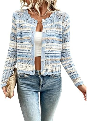 Urchics Women's Hollow Out Knit Cardigan Sweaters Scalloped Crewneck Cropped Sweater Long Sleeve ... | Amazon (US)