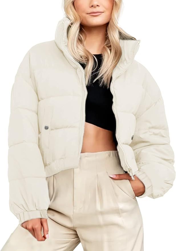 Athlisan Womens Cropped Puffer Jacket Quilted Zip UP Puffy Bubble Outerwear Coat | Amazon (US)