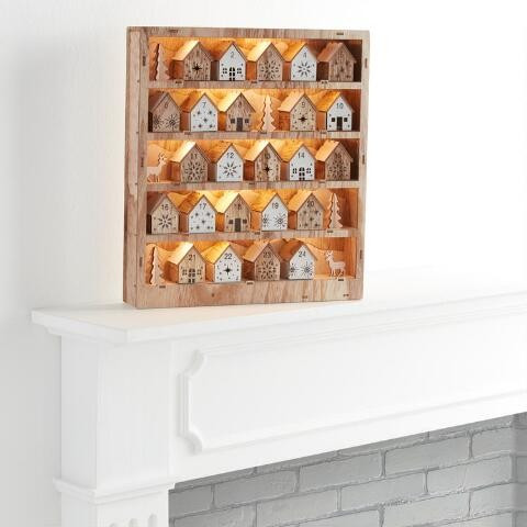 Laser Cut Wood Snowy Houses LED Light Up Advent Calendar | World Market