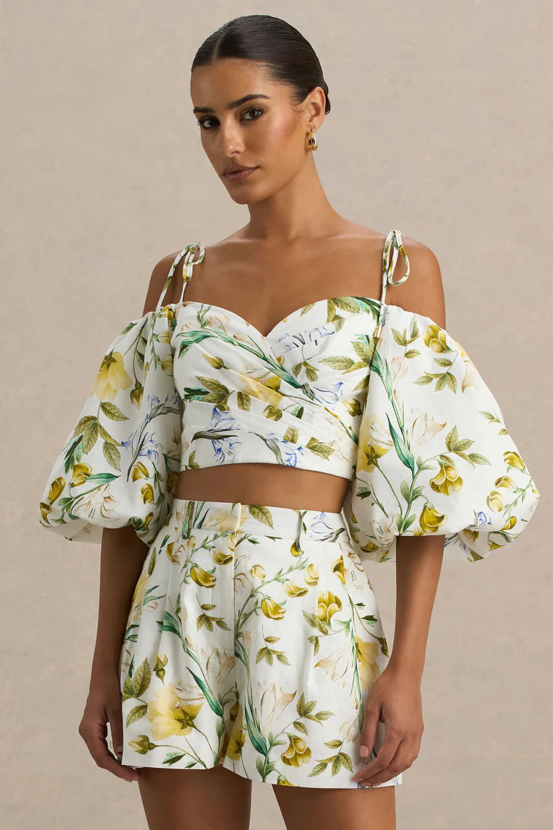 Amberly | White Linen Botanical Print Plunge-Neck Ruffled Crop Top | Club L London