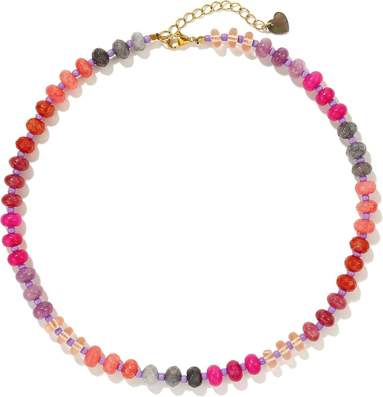 Colorful Gemstone Beaded Necklaces For Women Trendy Rainbow Natural Stone Boho Handmade Stainless... | Amazon (US)