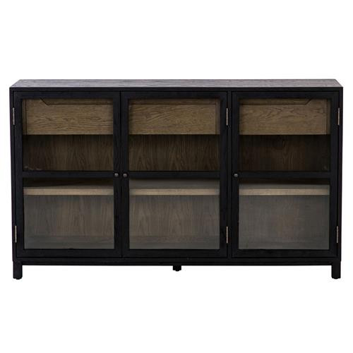 Clarence Rustic Lodge Matte Black Oak Wood Clear Glass 3 Door Sideboard | Kathy Kuo Home