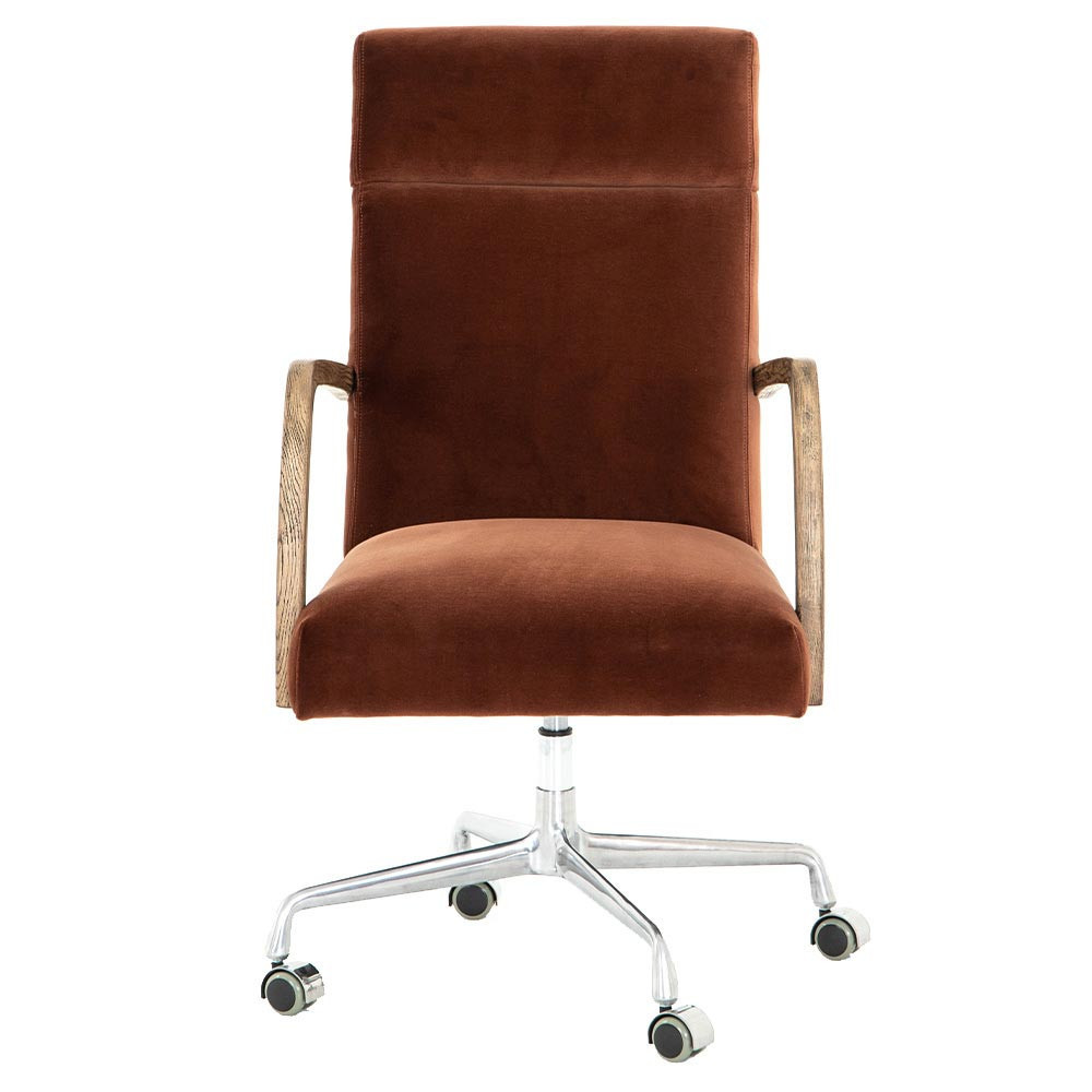 Sonn Mid Century Auburn Brown Upholstered Velvet Silver Stainless Steel Office Chair | Kathy Kuo Home