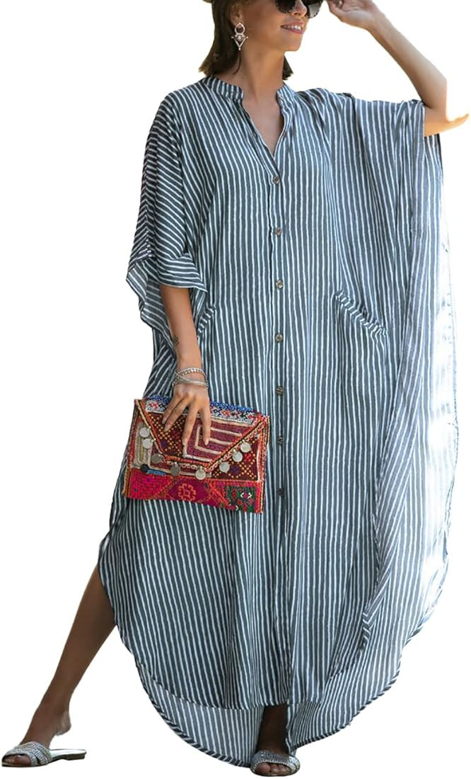 Bsubseach Women Stylish Plus Size Beach Shirt Dress Loose Button Up Bikini Cover Up | Amazon (US)